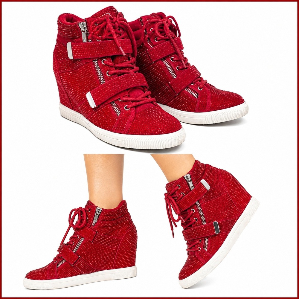 INC Debby Women's SZ 7 Red Rhinestone Wedge High Top Sneakers Glam Y2K